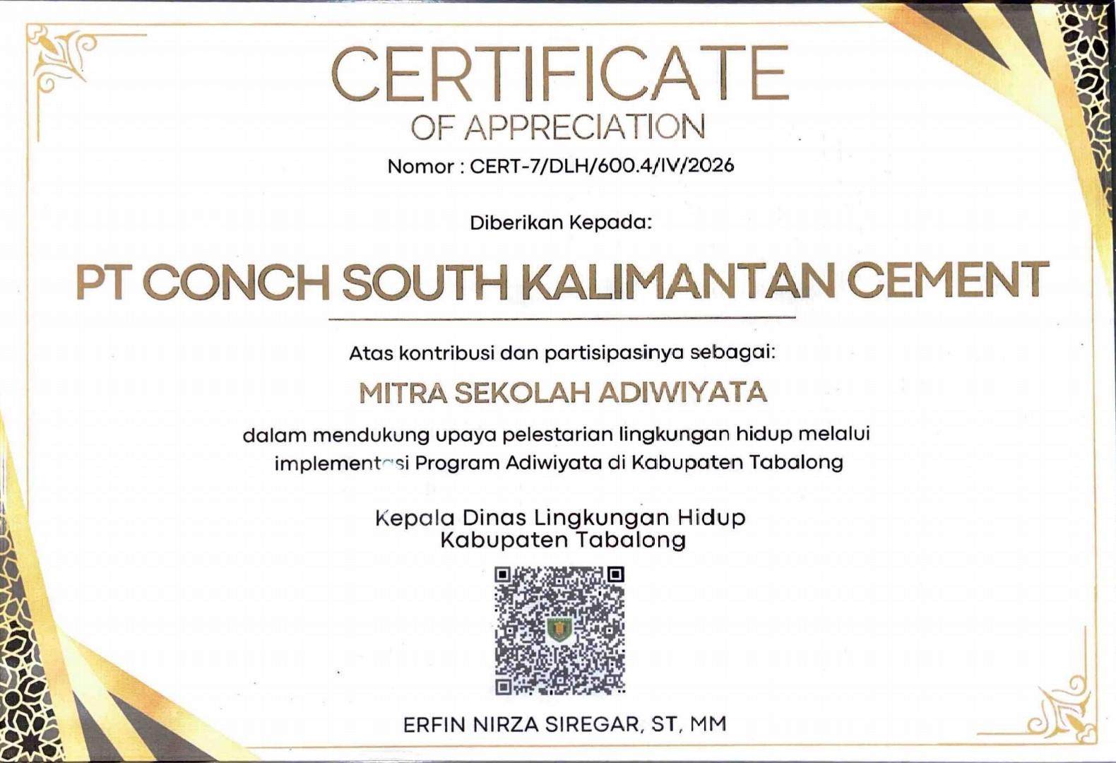PT Conch South Kalimantan Cement Raih Penghargaan Mitra Sekolah Adiwiyata dari Dinas Lingkungan Hidup Tabalong